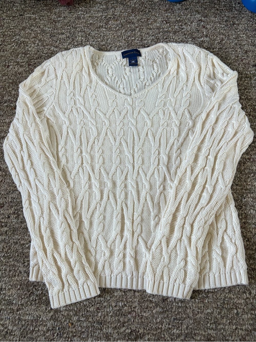 Charter Club Cream Cable Knit Scoop Neck Sweater - Women's